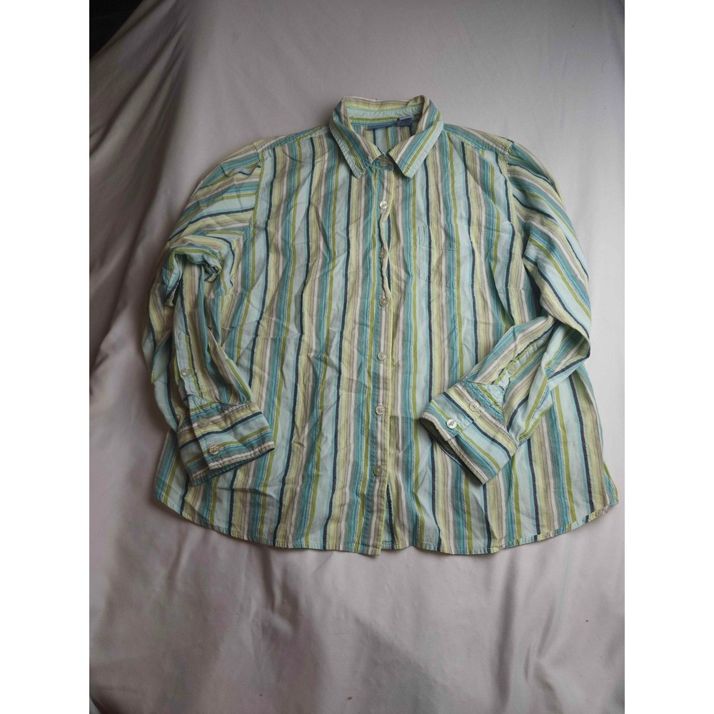 Blassport Woman 2X Striped Button Down Shirt Blue Green Lurex Metallic Cotton